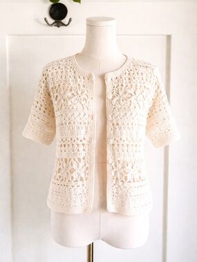 Vintage Hand Crochet Cardigan | Cream Open Knit Floral | S